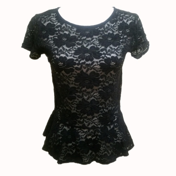 Poof! Tops - Black Lace Peplum Short Sleeve Top Large
